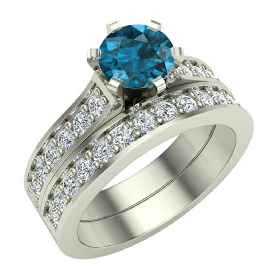 Wedding Rings for Women Bridal Set Blue Diamond Rings 14K White Gold - 1.10 CTW Cathedral Style (F,VS1)