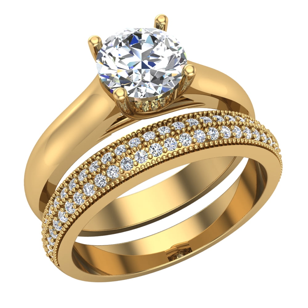 Wedding Rings for Women Bridal Set Round Cut -Engagement Ring Matching Band  1.00 Carat 14K Gold (H,SI1)