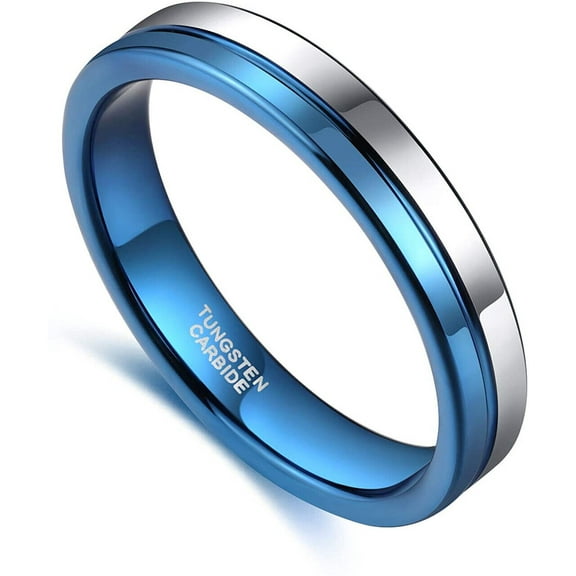 Wedding Rings for Women's 4mm Silver & Blue Groove Line Tungsten Band.