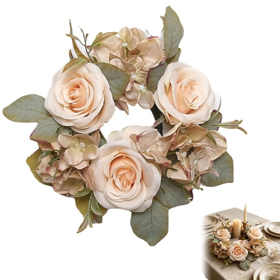 Wedding Rose Candle Rings Artificial Floral Wreaths With Green Leaves Flower Candle Rings Candleholders Garland For Pillar Centerpiece Party Table Decor