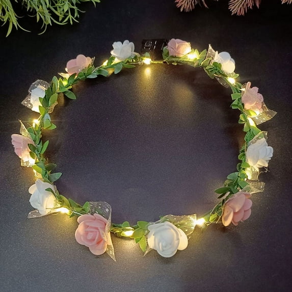 Wedding Rose Crown Flower Headband LED Light Wreath Garland Women Girl Garland Luminous Hairband Christmas Valentine's Day Gifts (D)