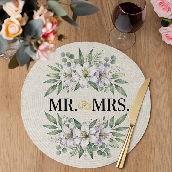 Wedding Round Braided Placemats Set of 2, Mr Heat Insulation Place Mats Washable Non-Slip Table Mats for Kitchen Dining Party, 13 Inches