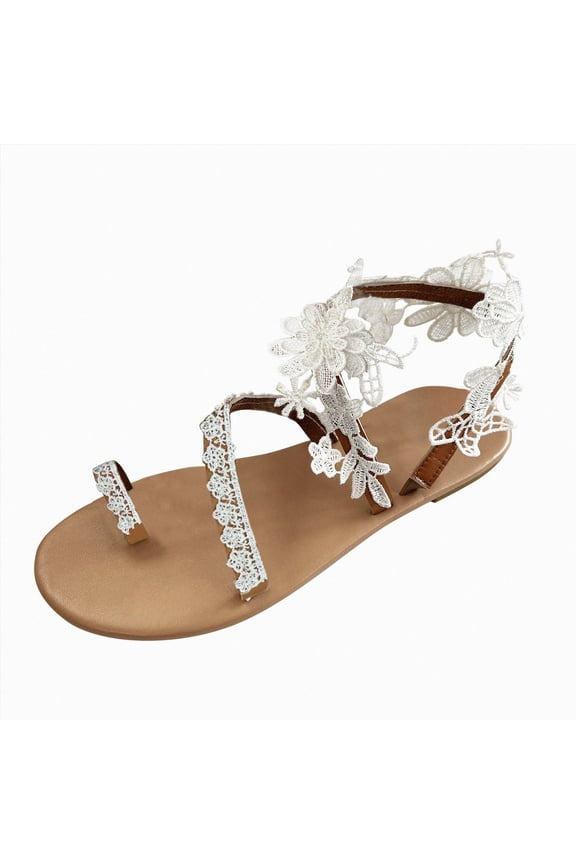 Wedding Sandals for Bride Womens Dressy Rhinestone Flat Summer Shoes Slip on Flip Flop White Elegant Toe Ring Sandal Casual Lace Floral Beach Shoes Brown Size 8.5