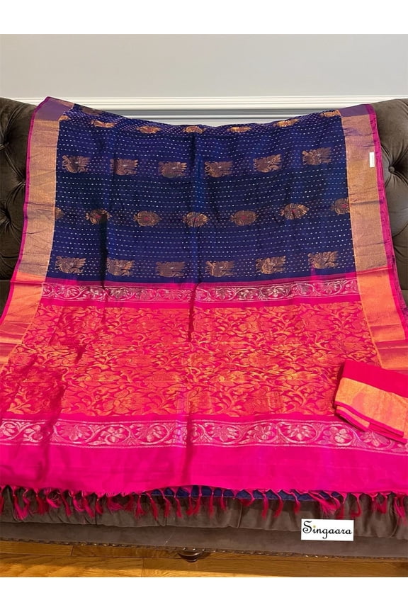 Wedding Saree Uppada Silk Sari Traditional Indian Partywear Saree Festival Outfit Ethnic Wear Reception Sari for Women Festive Wear Navy Blue and Pink