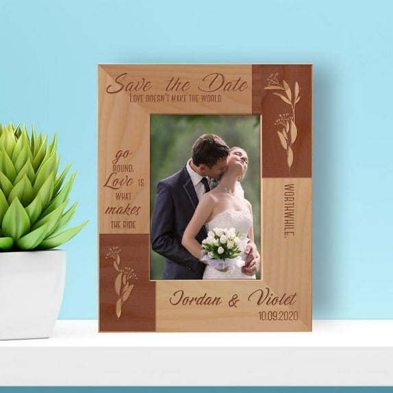 Wedding Save The Date Personalized Wooden Frame 3 1/2" x 5" Brown (Vertical)