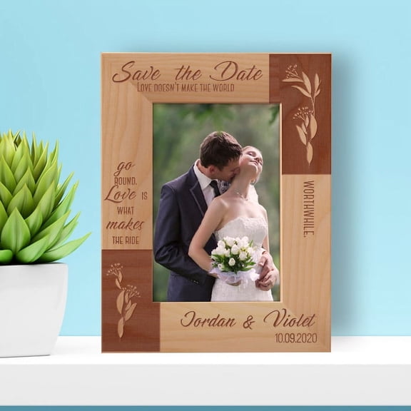 Wedding Save The Date Personalized Wooden Frame 4" x 6" Brown (Vertical)