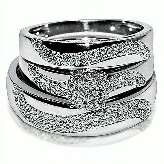 Wedding Set Trio Rings for Men and Women White Gold 1/2cttw Pave Style 3 Pc