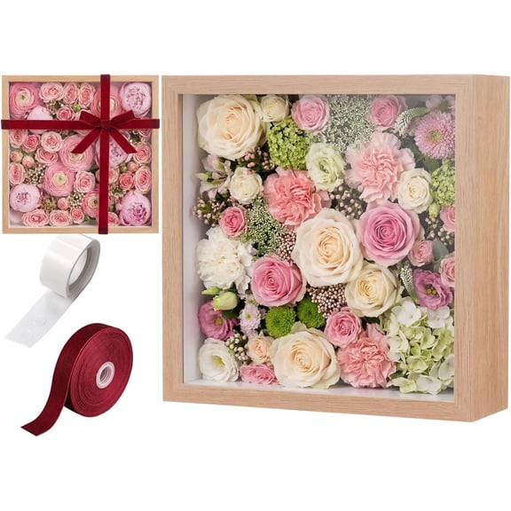 Wedding Shadow Box Frame Flower Display Case Kit, DIY Picture Gift Box with Lid Deep Glass Case Velvet Ribbon for Gift Wrapping Craft Bouquet Flower Keepsake Memory Photo