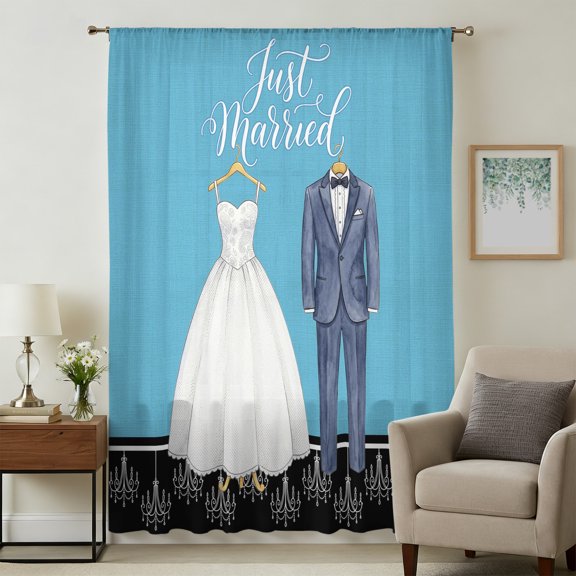 Wedding Sheer Curtains 45 Inches Long for Bedroom, Romantic Fashion White Dress Tuxedo Blue Light Filtering Privacy Drapes, Breathable Semi Sheer Short Window Treatment for Kitchen Cafe Bathroom