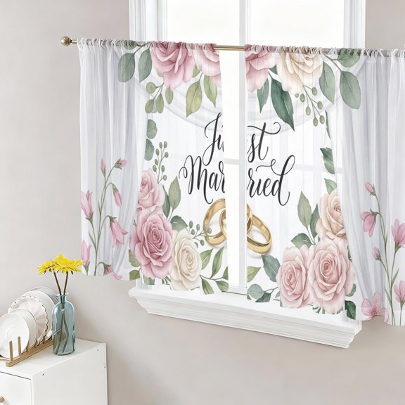 Wedding Sheer Curtains for Living Room Bedroom, Just Married Rings Roses Formal Romantic Light Filtering Sheer Curtain Rod Pocket Voile Window Treaments Drapes, 52 x 45 Inches