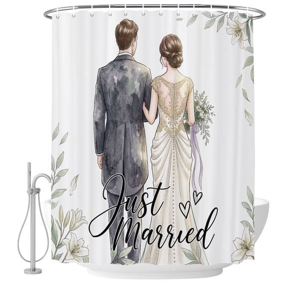 Wedding Shower Curtain for Bathroom, Just Married Couple Walking Love Anniversary Waterproof Cloth Fabric Bathroom Accessories Set with 12 Rust Proof Plastic Hooks, 72"x84"