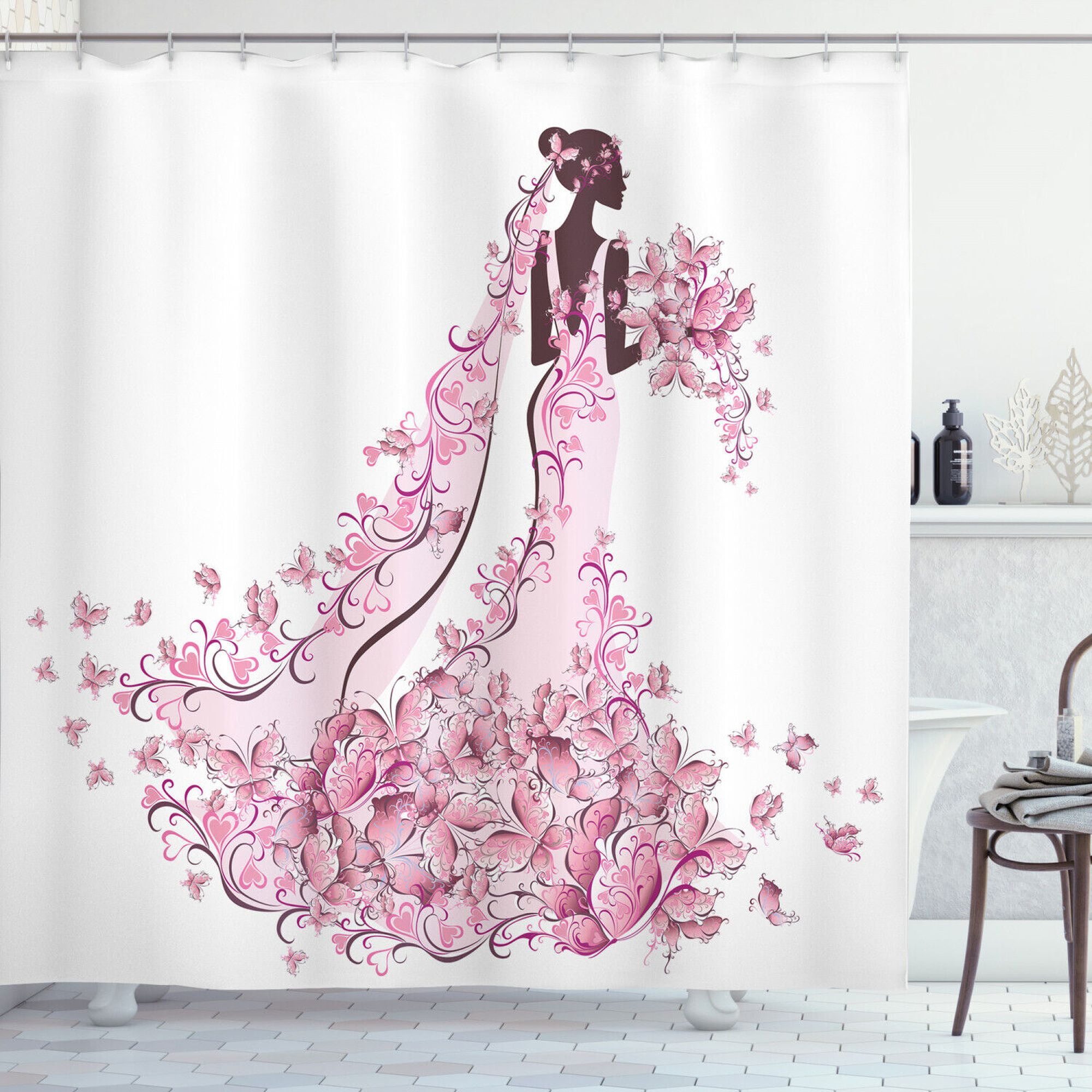 Wedding Shower Curtain Floral Bridal Gown Print for Bathroom