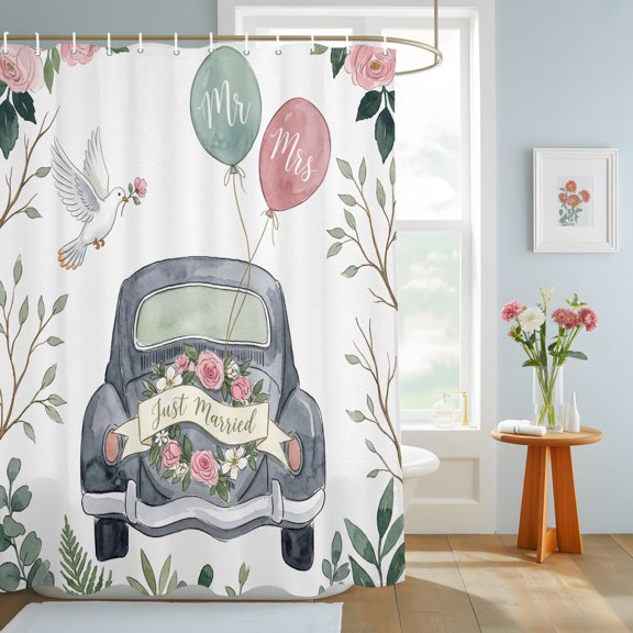 Wedding Shower Curtain, Honeymoon Travel Vintage Car Balloons Dove Flowers Waterproof Washable Shower Curtain for Bathroom Bathtub Partition Bath Decoration Set with Hooks 36x72in