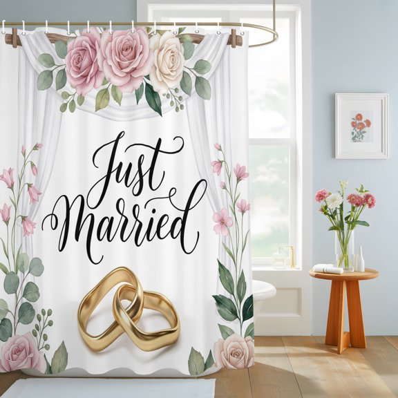 Wedding Shower Curtain, Just Married Rings Roses Formal Romantic Waterproof Washable Shower Curtain for Bathroom Bathtub Partition Bath Decoration Set with Hooks 36x72in