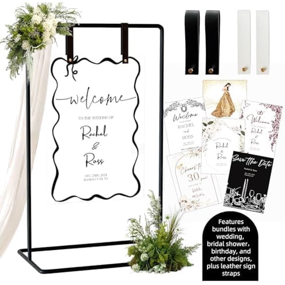 Wedding Sign Holder, Adjustable Welcome to Our Wedding Sign Stand W/Design Bundle & Leather Sign Hanging Straps, Heavy Duty Easel Stand for Sign, Wedding Seating Chart Stand, Easel for Display (B