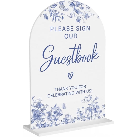 Wedding Signs, Dusty Blue Wedding Decor, Blue Weddings Decor, Modern Calligraphy Arch Acrylic Table Top Sign for Weddings Parties Dinners - Please Sign Our Guestbook (White)