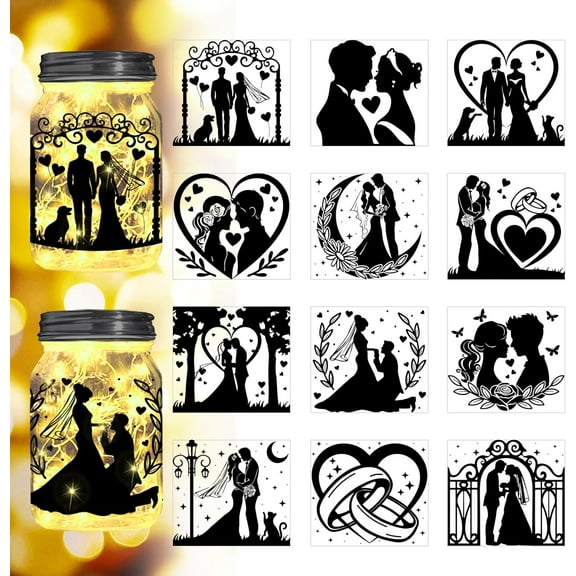 Wedding Silhouette Cutouts for Jars Wedding Party Mason Can Lantern Glass Wishing Bottle Decor(No Stickers) 12Pcs Reusable Silhouette Lantern DIY Craft Kit Jar Decals Art Home Garden DIY