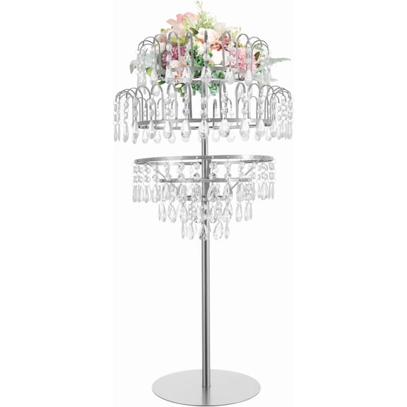 Wedding Silver Vas, Centerpieces Crystal Flower Stand with Acrylic Hanging Crystals, 5 Tier Round Fountain-Shaped Flower Rack for Wedding Reception Home Decor