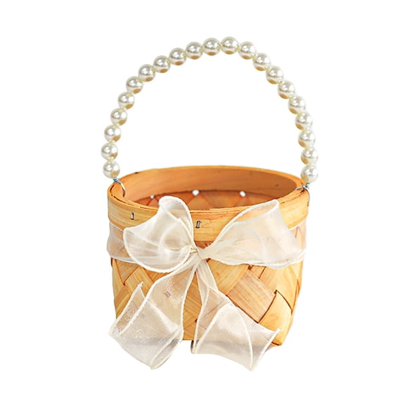 Wedding Small Flower Girl Basket, Wicker Rattan Flower Basket with Pearl Handle for Wedding Home Decor Picnic, Party