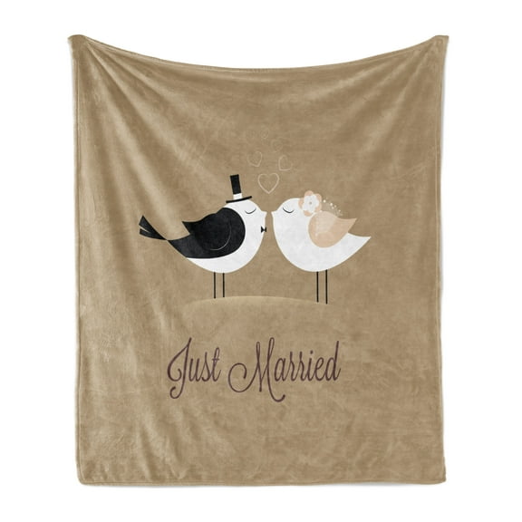 Wedding Soft Flannel Fleece Blanket, Bride and Groom Birds Kissing Just Married Hand Written Style Text Romantic Hearts, Cozy Plush for Indoor and Outdoor Use, 50" x 60", Multicolor, by Ambesonne