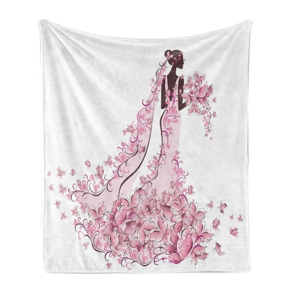 Wedding Soft Flannel Fleece Blanket, Flowers Hearts Butterflies on Wedding Dress Bridal Gown Artowork Print, Cozy Plush for Indoor and Outdoor Use, 60" x 80", Pale Pink Maroon White, by Ambesonne