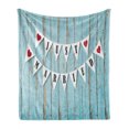 thumbnail image 1 of Wedding Soft Flannel Fleece Blanket, Just Married Letters on Triangular Flags Hanged on Blue Wooden Door Art Print, Cozy Plush for Indoor and Outdoor Use, 50" x 60", Blue Black Red, by Ambesonne, 1 of 6
