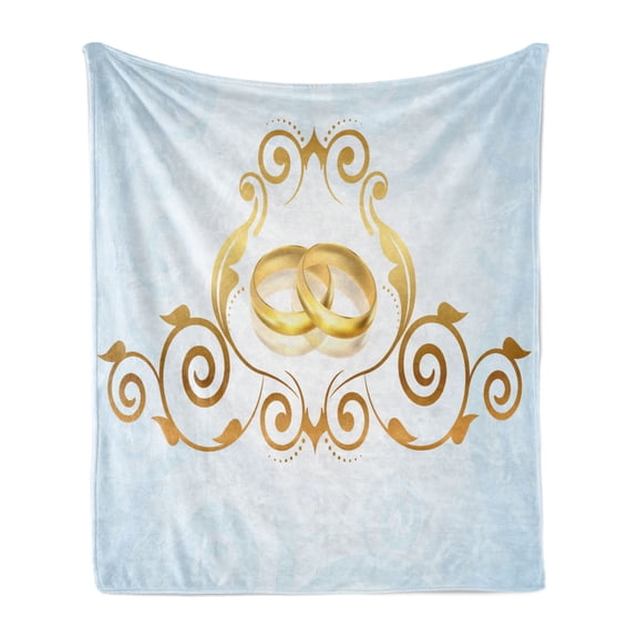 Wedding Soft Flannel Fleece Blanket, Vintage Style Victorian Ornaments on Blue Backdrop Rings Celebration, Cozy Plush for Indoor and Outdoor Use, 70" x 90", Baby Blue Yellow Caramel, by Ambesonne