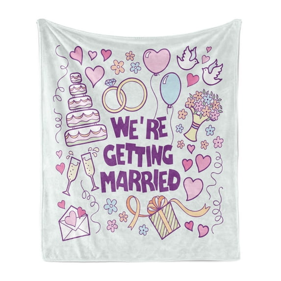 Wedding Soft Flannel Fleece Blanket, We're Getting Married Happy Celebration Ceremony Arrangement of Doves Print, Cozy Plush for Indoor and Outdoor Use, 70" x 90", Purple Blue Pink, by Ambesonne