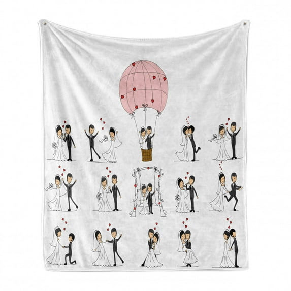 Wedding Soft Flannel Fleece Throw Blanket, Bride and Groom Wedding Pictures in Comic Book Style Honeymoon Celebration, Cozy Plush for Indoor and Outdoor Use, 50" x 60", White Black Pink, by Ambesonne