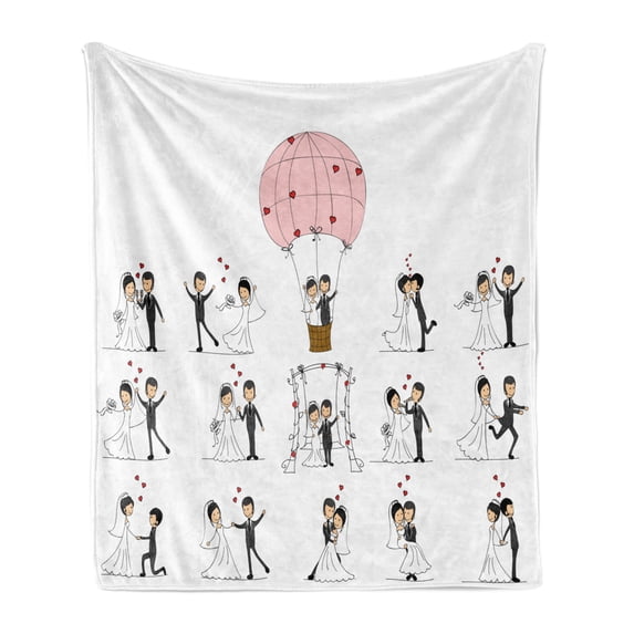 Wedding Soft Flannel Fleece Throw Blanket, Bride and Groom Wedding Pictures in Comic Book Style Honeymoon Celebration, Cozy Plush for Indoor and Outdoor Use, 60" x 80", White Black Pink, by Ambesonne