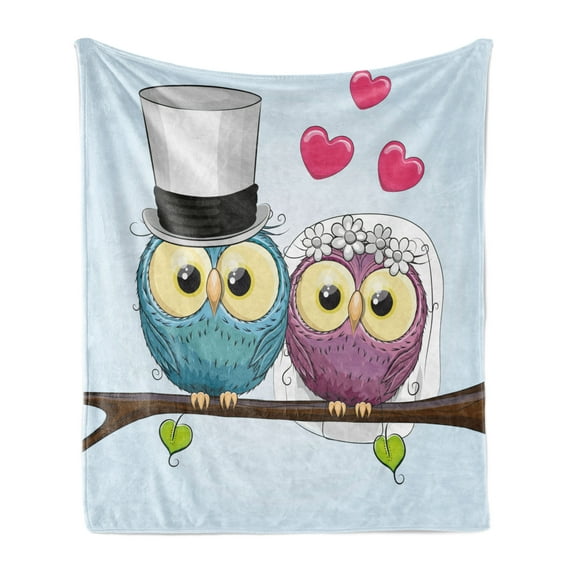 Wedding Soft Flannel Fleece Throw Blanket, Celebration 2 Cartoon Style Funny Owls Husband Wife Bride and Groom, Cozy Plush for Indoor and Outdoor Use, 70" x 90", Purple Blue Pink, by Ambesonne
