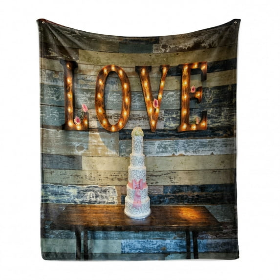 Wedding Soft Flannel Fleece Throw Blanket, Celebration Wedding Cake with the Word Love as Sinage on Wooden Background Print, Cozy Plush for Indoor and Outdoor Use, 50" x 60", Multicolor, by Ambesonne