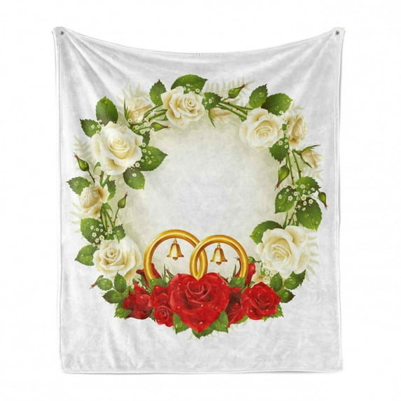 Wedding Soft Flannel Fleece Throw Blanket, Frame with White and Red Roses and Wedding Rings Celebration Romance, Cozy Plush for Indoor and Outdoor Use, 50" x 70", White Green Red, by Ambesonne