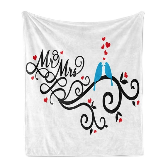 Wedding Soft Flannel Fleece Throw Blanket, Mr. and Mrs. Swirled Branches Hearts Love Birds Happiness Simplistic Design, Cozy Plush for Indoor and Outdoor Use, 50" x 70", Red Blue Black, by Ambesonne