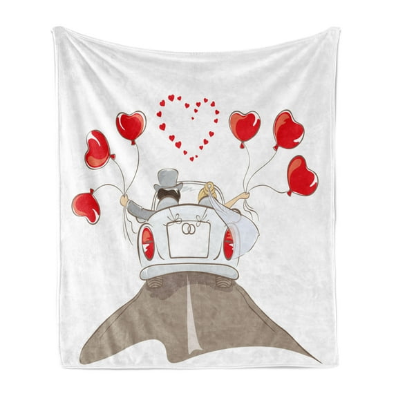 Wedding Soft Flannel Fleece Throw Blanket, Newlywed Couple in Vintage Car with Heart Shaped Balloons Drawing Art Print, Cozy Plush for Indoor and Outdoor Use, 60" x 80", Red Taupe White, by Ambesonne