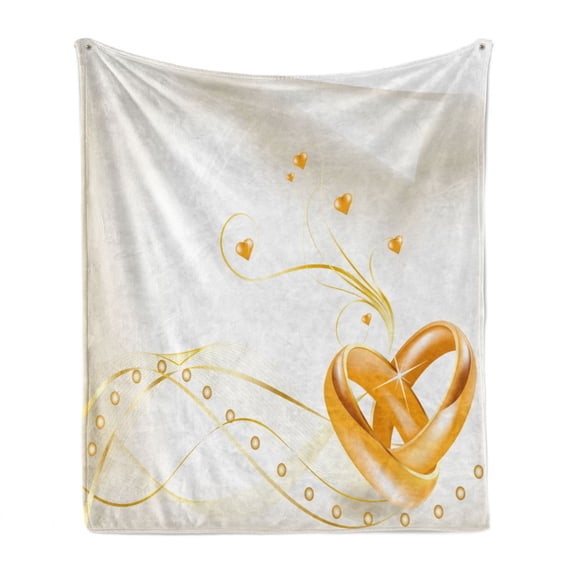 Wedding Soft Flannel Fleece Throw Blanket, Wedding Rings Entangled in Shape of Heart 3D Style Romantic Design Art Print, Cozy Plush for Indoor and Outdoor Use, 60" x 80", Marigold White, by Ambesonne