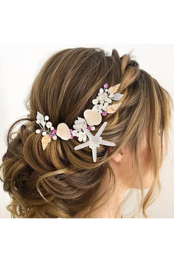 Wedding Starfish Headband Silver Seashell Headpiece Pearl Flower Beach Bridal Hair Accessories for Women and Girls