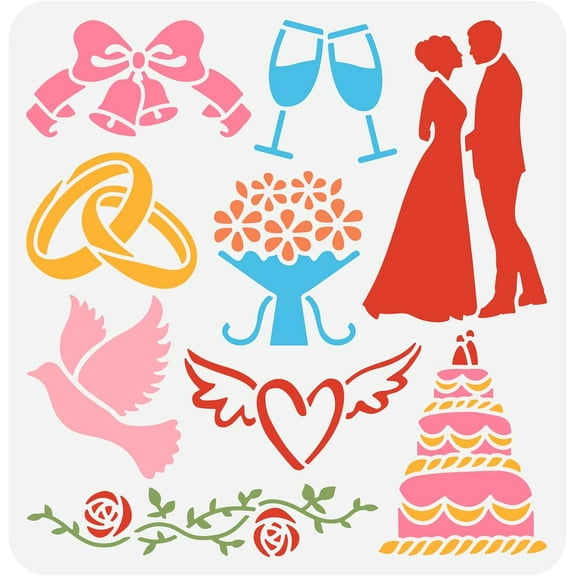 Wedding Stencil 11.8x11.8inch Bride Groom Ring Rose Bells Champagne Doves Cake Flowers Love Hearts White