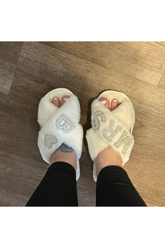 Wedding Surname Slippers for Mrs, Custom Name/Date/Initials, Plush Rhinestone Fuzzy Cross-Strap, Bridal Party Gifts, Bachelorette Honeymoon, Gift for Mom, Hand Washable