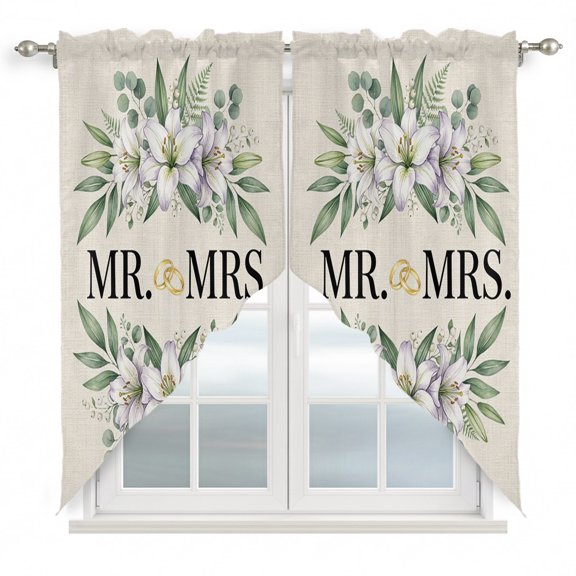 Wedding Swag Valances for Windows 2 Pack Mr Mrs Lily Wreath Leaves Floral Rustic Swag Kitchen Curtains 63 Inches Long Rod Pocket Short Window Treatment for Kitchen Bathroom 36"x63"