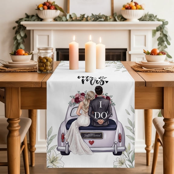 Wedding Table Runner 13x36 Inch Couple in Car Just Married Romantic Cotton Linen Dining Table Runner Ideal for Dresser Kitchen Coffee Tables - Machine Washable