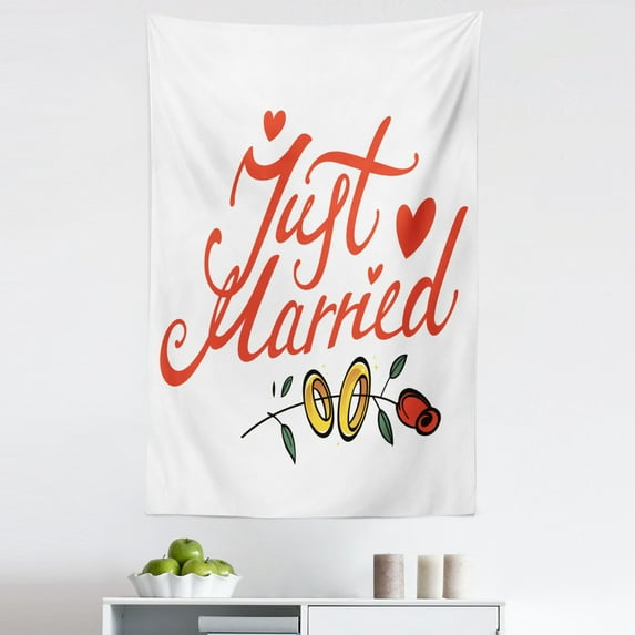 Wedding Tapestry, Just Married Hand Writing in Red and Rose with Wedding Rings Celebration, Fabric Wall Hanging Decor for Bedroom Living Room Dorm, 5 Sizes, Fern Green White Red, by Ambesonne