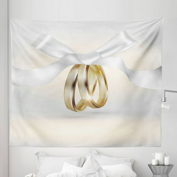 Wedding Tapestry, Pair of Wedding Rings with Ribbon Marriage Realistic Celebration Photo, Fabric Wall Hanging Decor for Bedroom Living Room Dorm, 5 Sizes, White and Yellow, by Ambesonne
