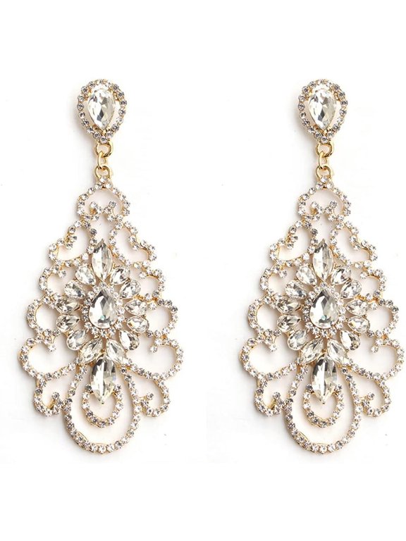 Wedding Teardrop Dangle Earrings Crystal Rhinestone Beaded Chandelier Earrings for Brides Gold