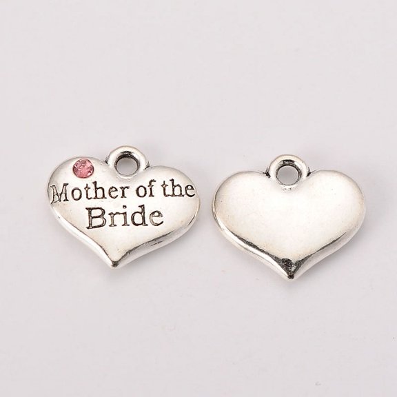 Wedding Theme Antique Silver Tone Tibetan Style Alloy Heart with Mother of the Bride Rhinestone Charms Cadmium Free & Lead Free Light Rose 14x16x3mm Hole: 2mm