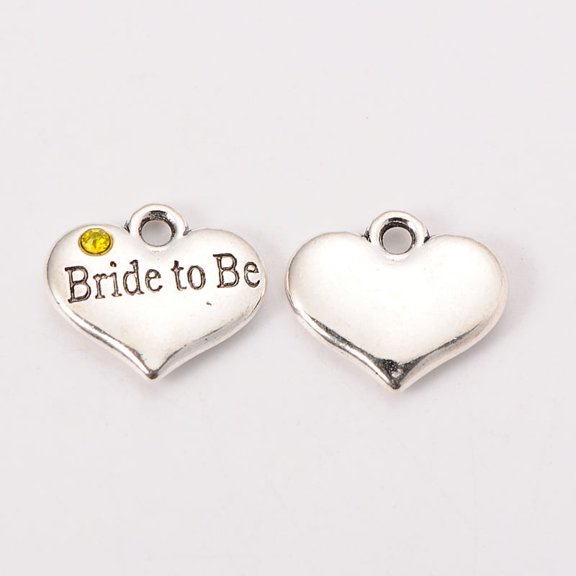 Wedding Theme Silver Tone Tibetan Style Heart with Bride to Be Rhinestone Charms Citrine 14x16x3mm Hole: 2mm