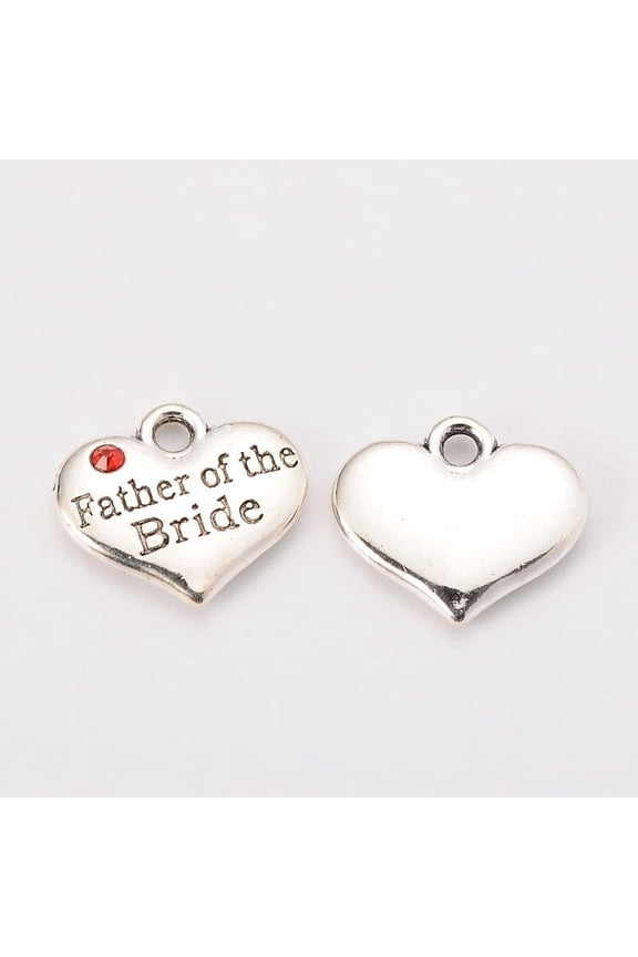 Wedding Theme Antique Silver Tone Tibetan style Alloy Heart with Father of the Bride Rhinestone Charms Cadmium Free & Lead Free Hyacinth 14x16x3mm Hole: 2mm