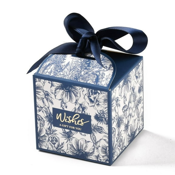 Wedding Theme Folding Gift boxes Square with Flower & Word Wishes A GIFT FOR YOU and Ribbon for Candies Cookies Packaging Marine Blue 7x7x8.3cm