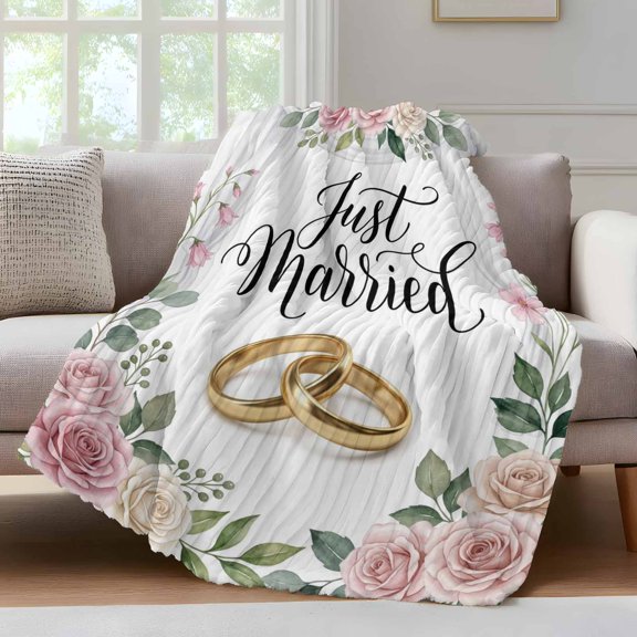 Wedding Throw Blanket for Couch Just Married Rings Roses Formal Romantic Soft and Warm Flannel 3D Striped Fluffy Fuzzy Fleece Blanket Lightweight Throw for Bed, Sofa 30 x 40 Inches