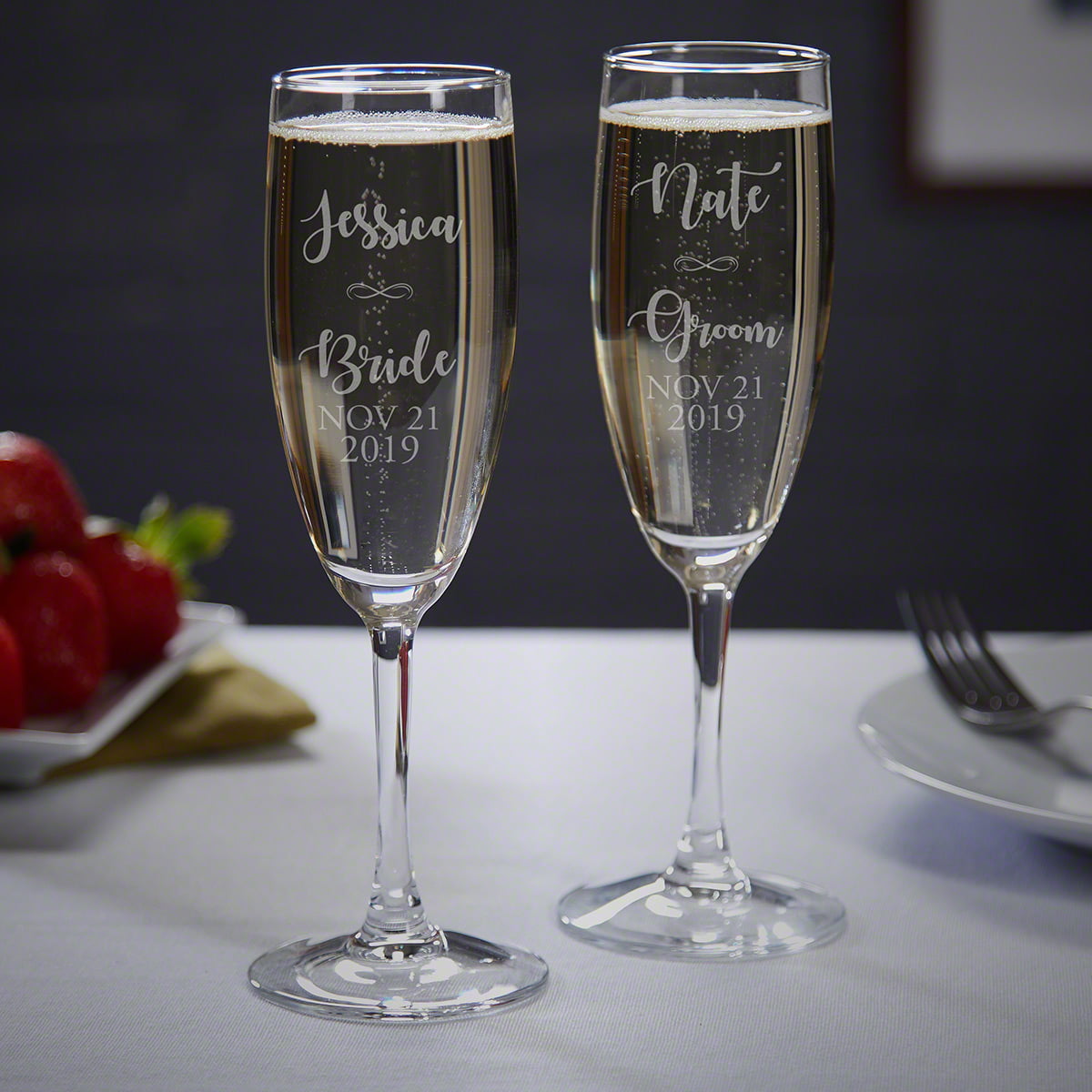 Engraved Crystal Champagne Flutes - Bride and Groom Design